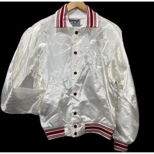 70s NWOT Swingster White Satin Jacket USA Made Varsity Bomber Americana M Blank